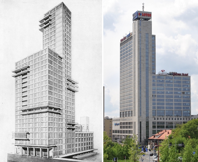 Z lewej: Tribune Tower w Chicago (proj. Walter Gropius i Adolf Meyer, 1922), z prawej: Altus w Katowicach (proj. Dieter Paleta, 2003)