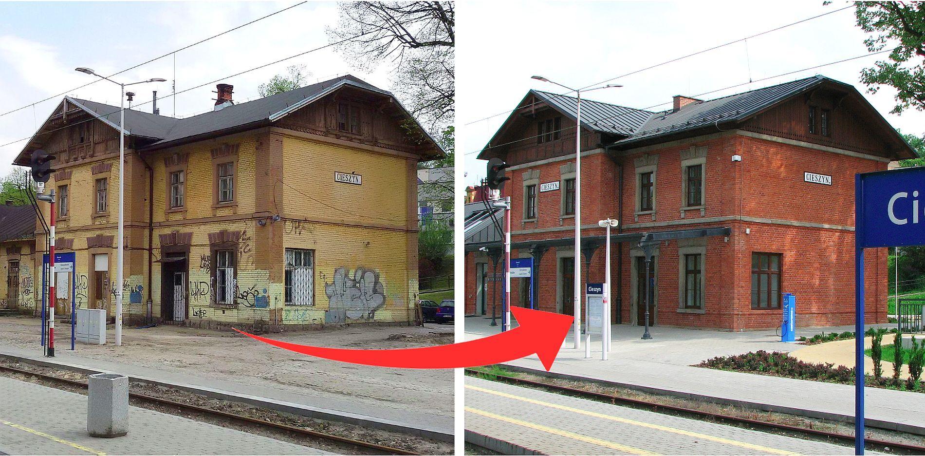 Dworzec w Cieszynie przed i po modernizacji