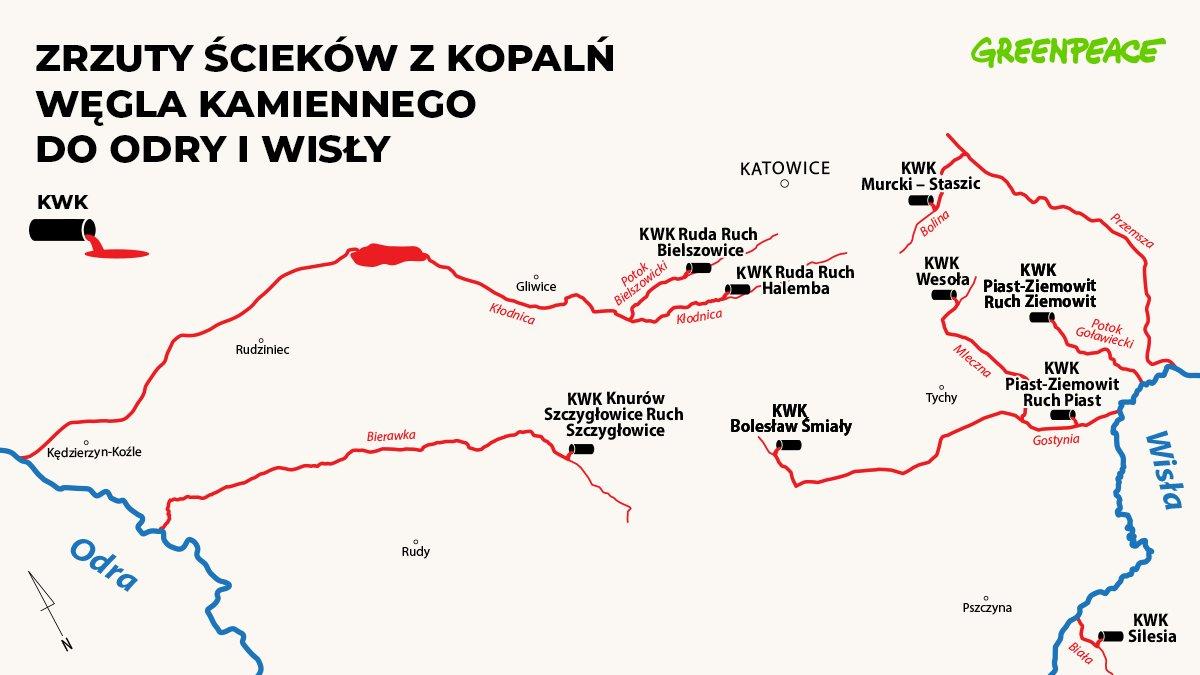 Zrzuty ścieków z wybranych kopalń do Odry i Wisly