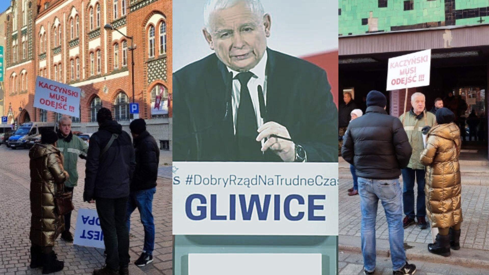 Zenon Lis i jego baner przed kinem Amok w Gliwicach