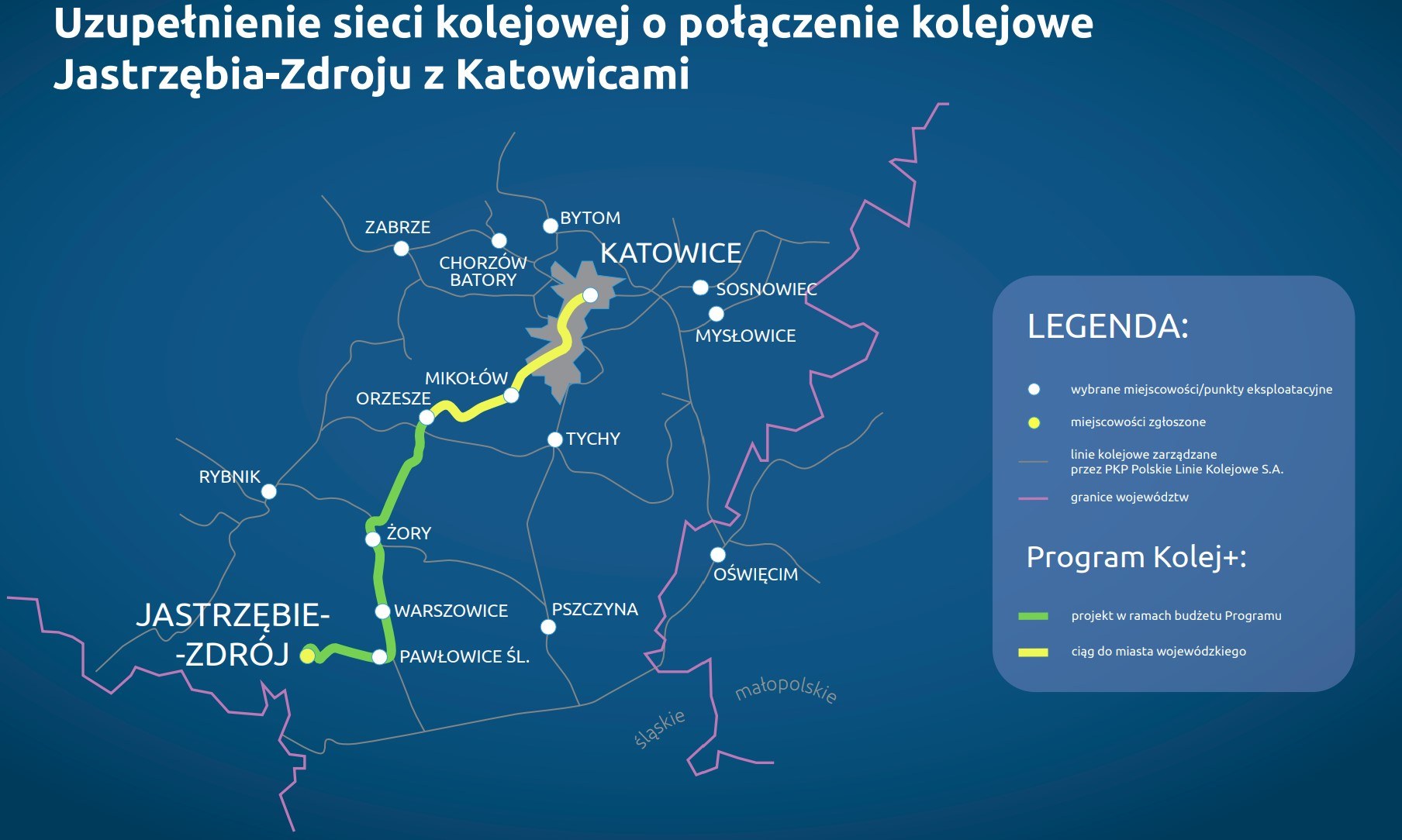 Planowany przebieg połączenia kolejowego Katowic z Jastrzębiem.