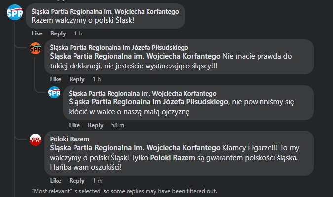 Jeden z dialogów parodii śląskich partii na FB.