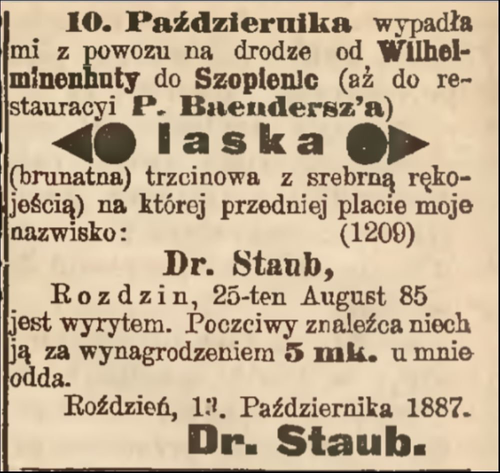 Inserat doktor Leopold Staub 1887 Fot.: www.sbc.org.pl