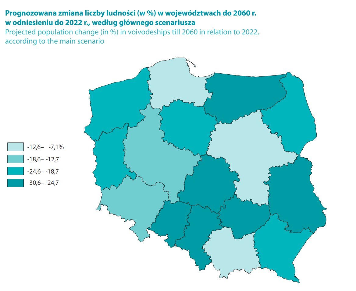 Prognozowana liczba ludności w regionach Polski w roku 2060
