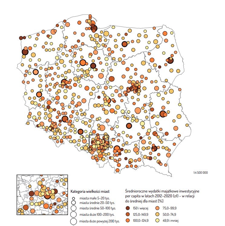 Średnioroczne wydatki majątkowe inwestycyjne per capita w latach 2012 – 2020 w relacji do średniej dla ogółu badanych miast.