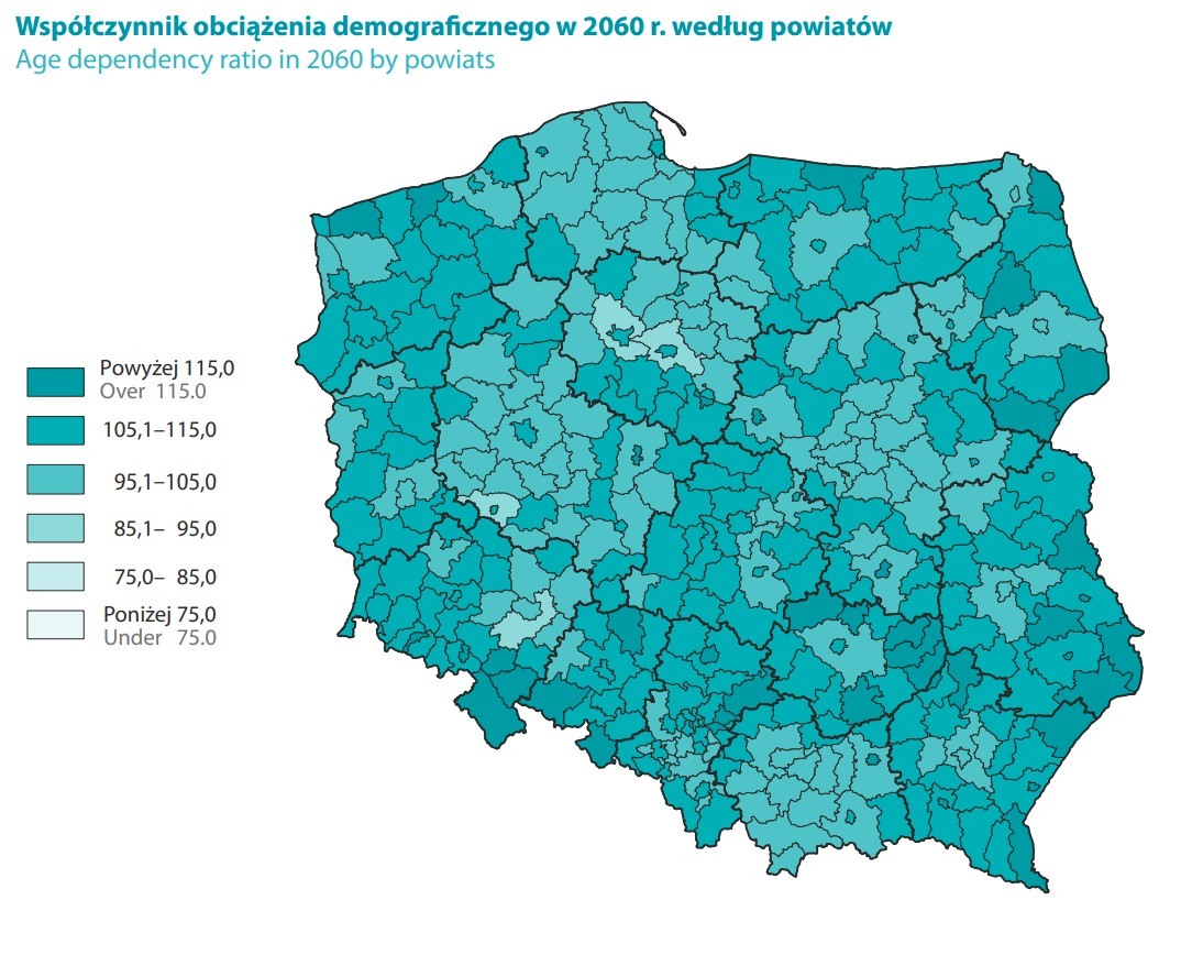 Współczynnik obciążenia demograficznego w powiatach w 2060