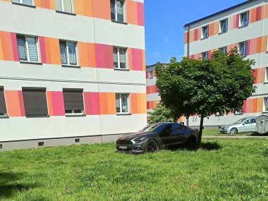 Kierowca mustanga postanowił zaparkować na trawniku Tajemniczy mustang w Piekarach Wieczorka