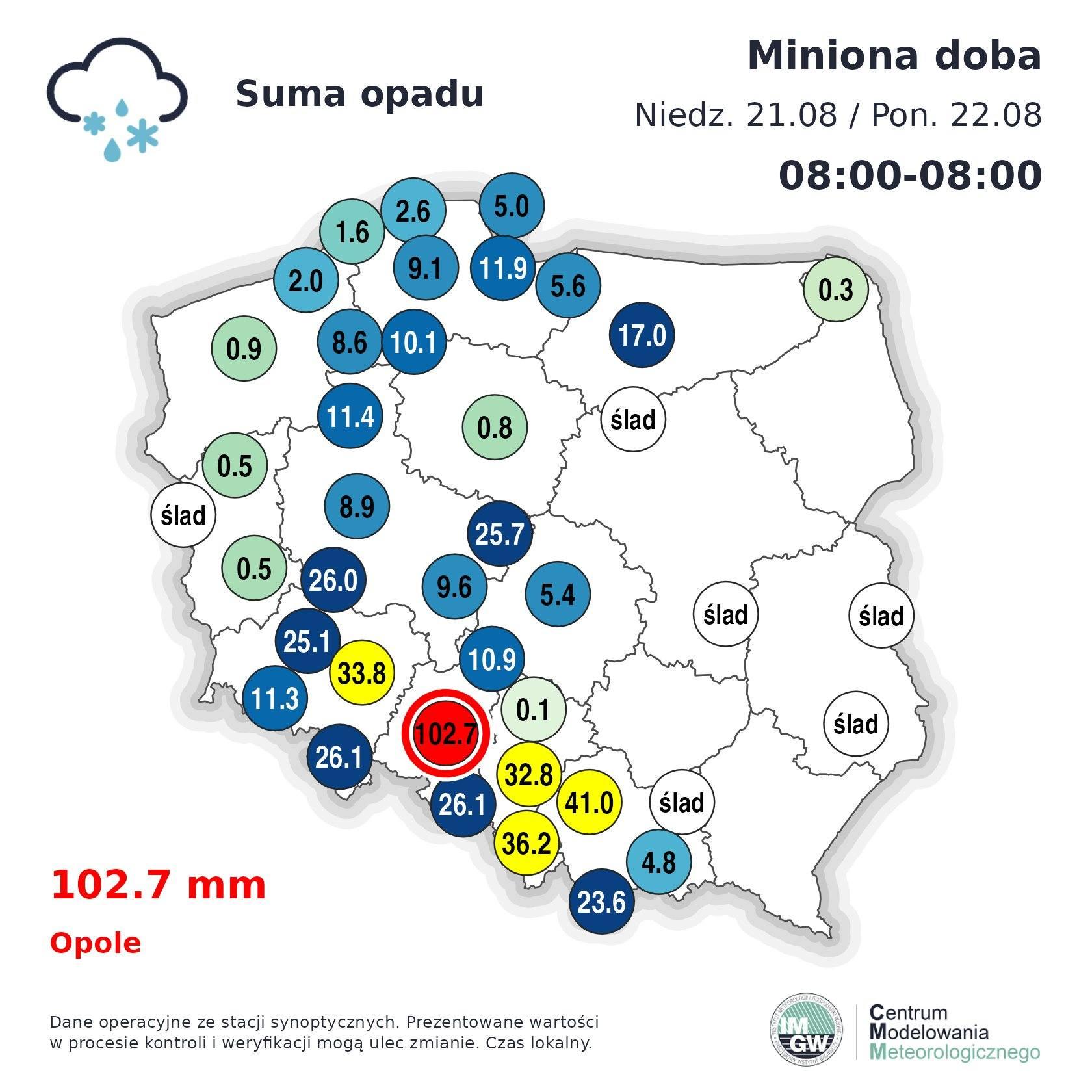 Suma opadów na Górnym Śląsku w niedzielę 21 sierpnia