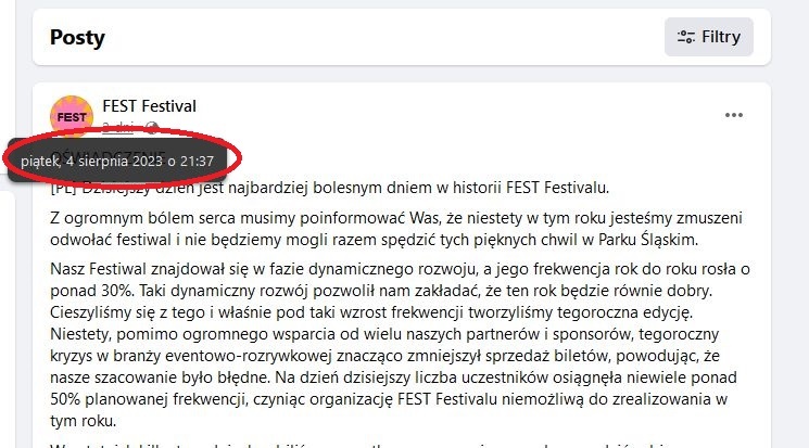 Oświadczenie organizatorów FEST Festivalu. Godzina 21:37.