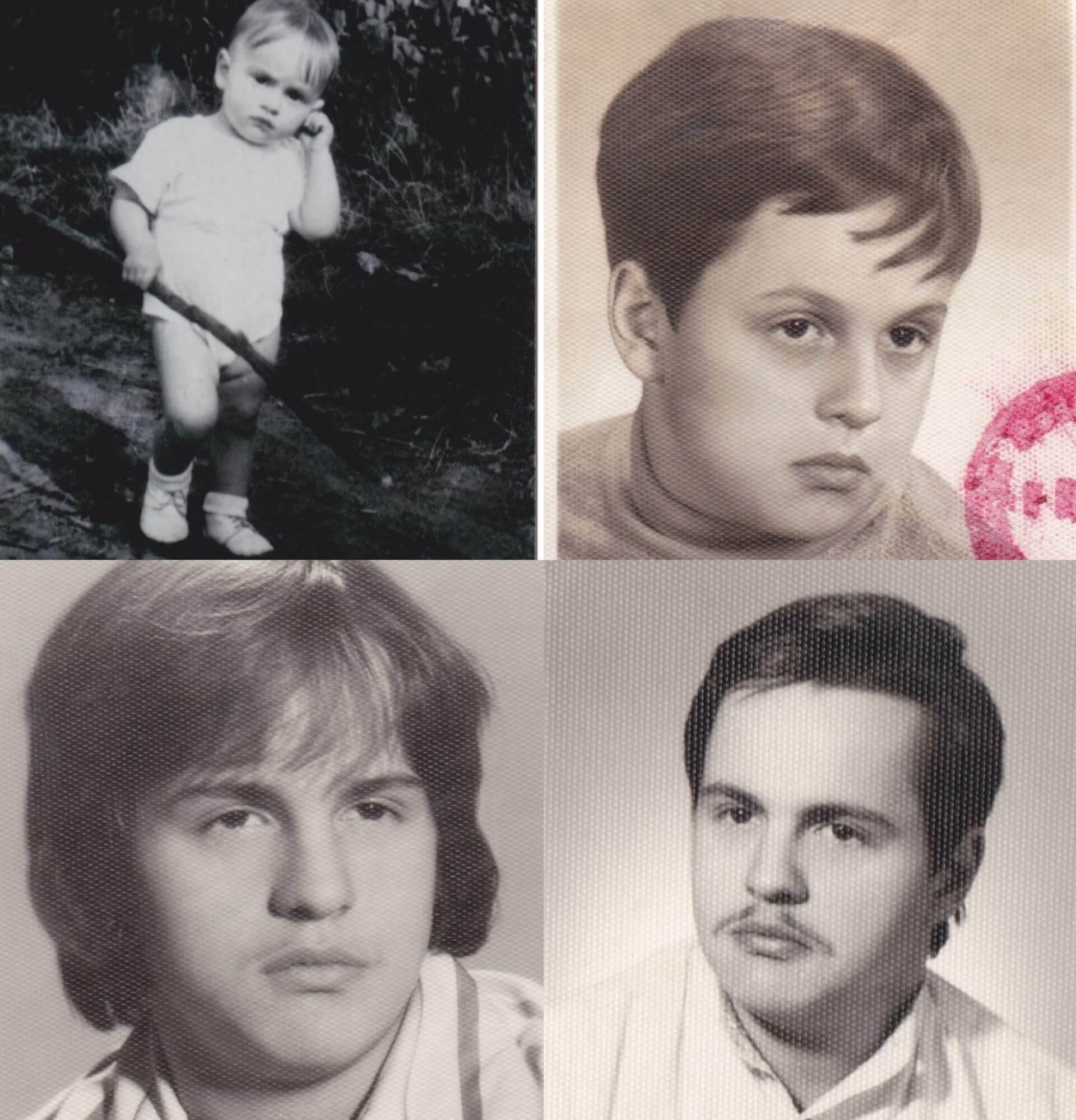 Mirosław Neinert – oś czasu. Od lewej u góry: 2 lata, 14 lat, 16 lat, 18 lat (fot. 6 – archiwum prywatne Mirosława Neinerta)