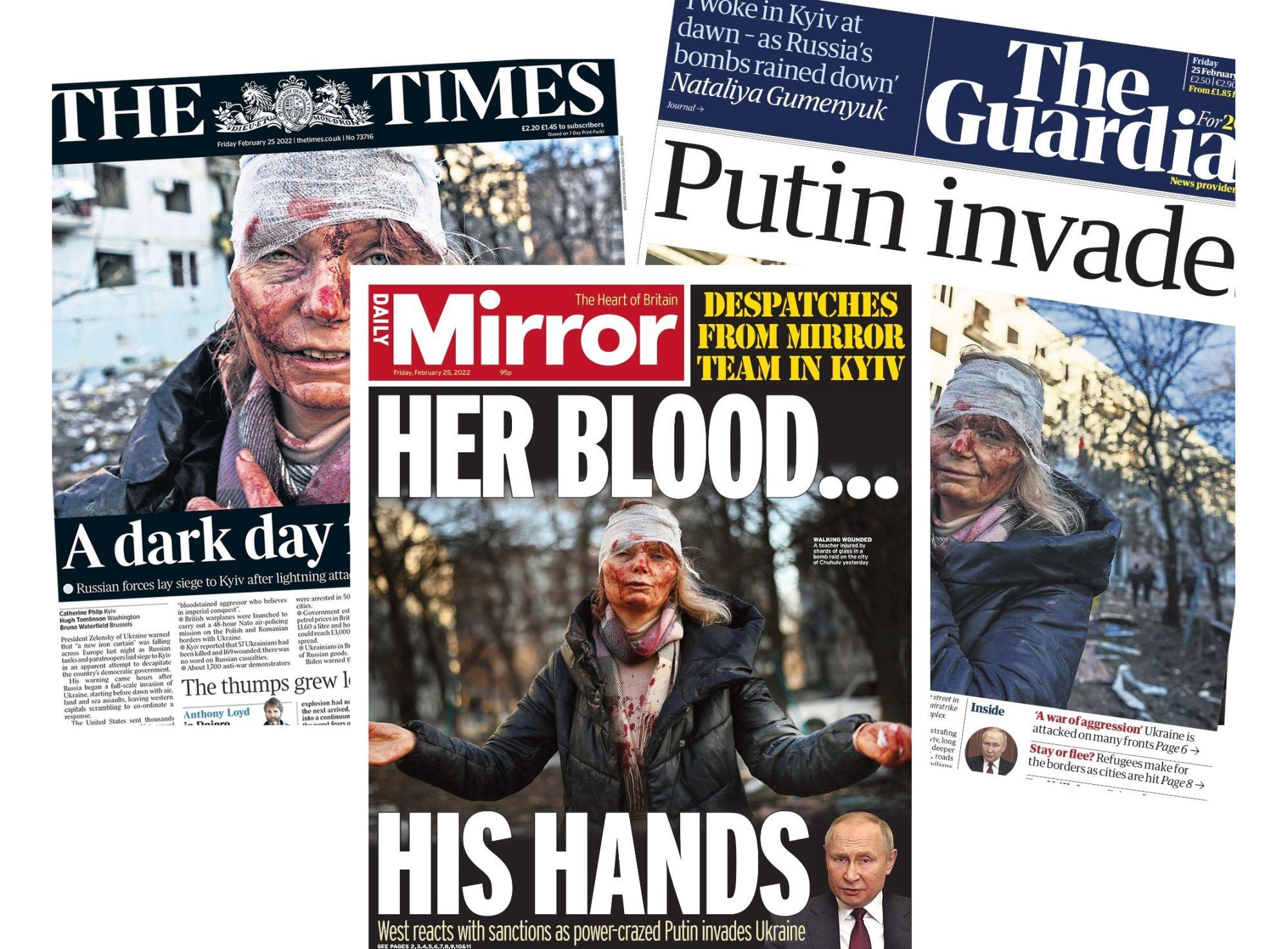 Olena Kuryło na okładkach gazet po rosyjskim ataku na Ukrainę.