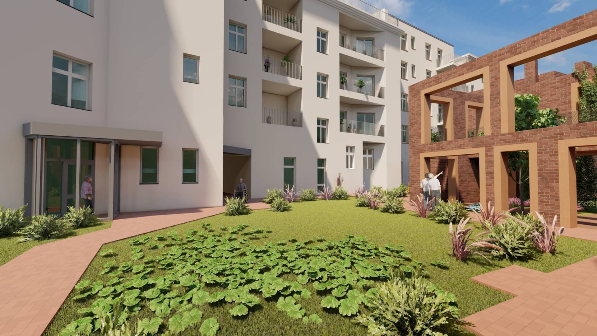 Wizualizacja podwórka z ogrodem piętrowym z czerwonego betonu