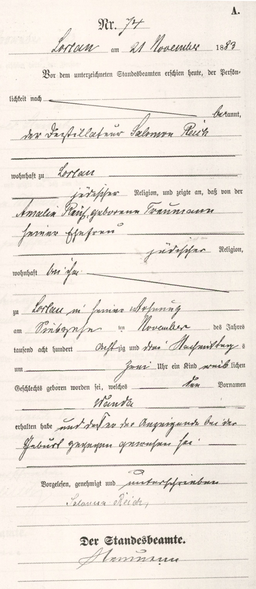 Akt urodzenia Wandy Treumann