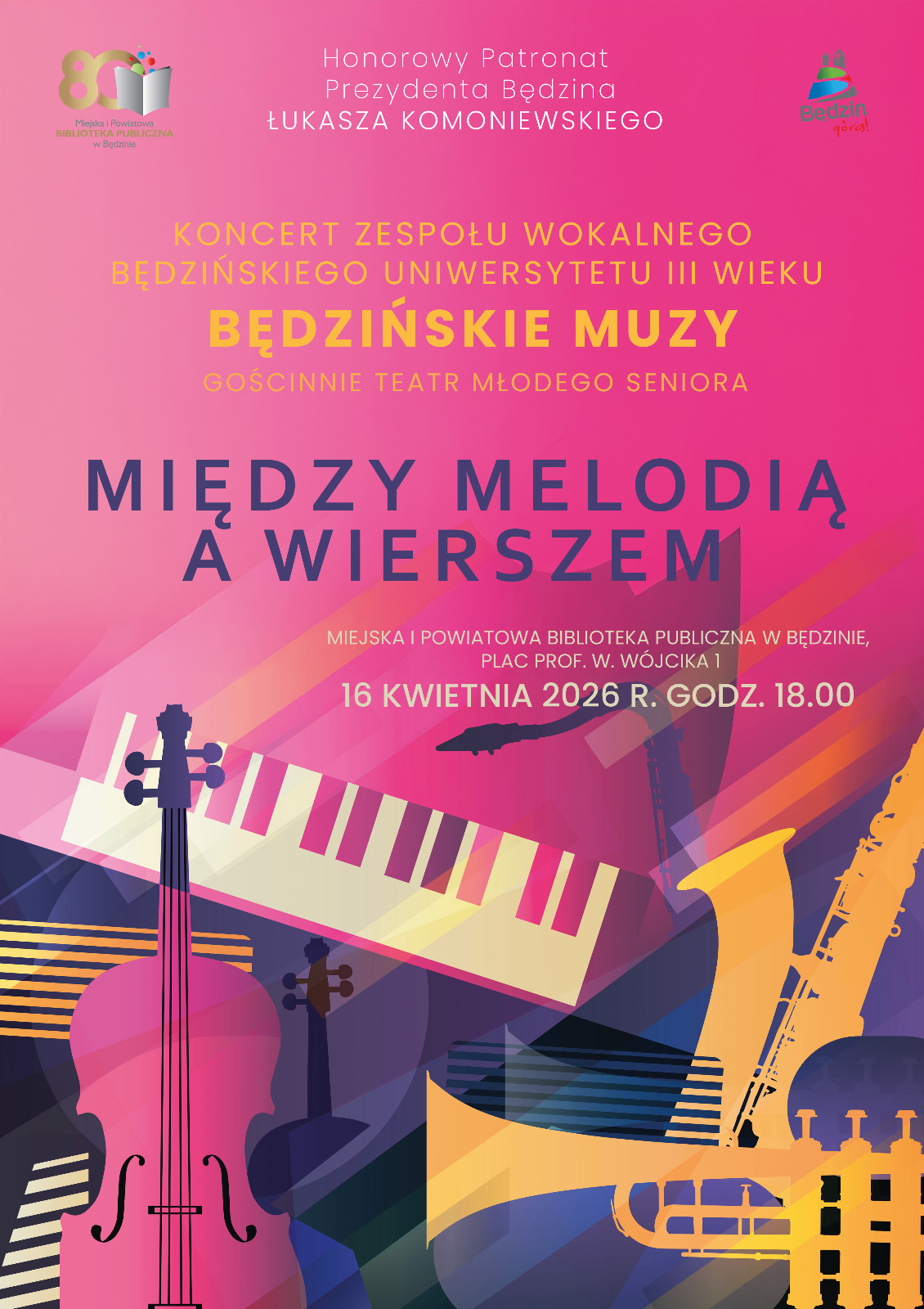 Będzińskie Muzy. Koncert w Miejskiej i Powiatowej Bibliotece Publicznej w Będzinie. Plakat. 16 kwietnia 2026