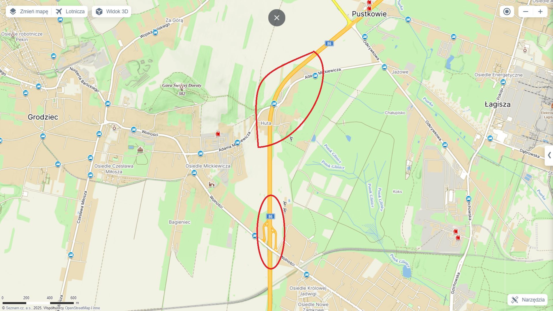 Droga Krajowa 86 w Będzinie. Mapa z zaznaczonymi miejscami planowanej budowy ekranów akustycznych. 28 lutego 2025