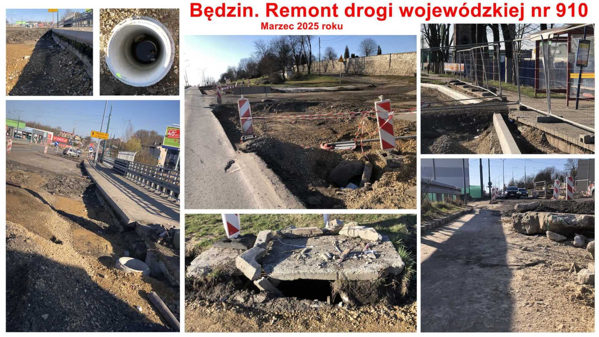 Będzin. Droga wojewódzka nr 910 w trakcie przebudowy. 16 marca 2025 roku.