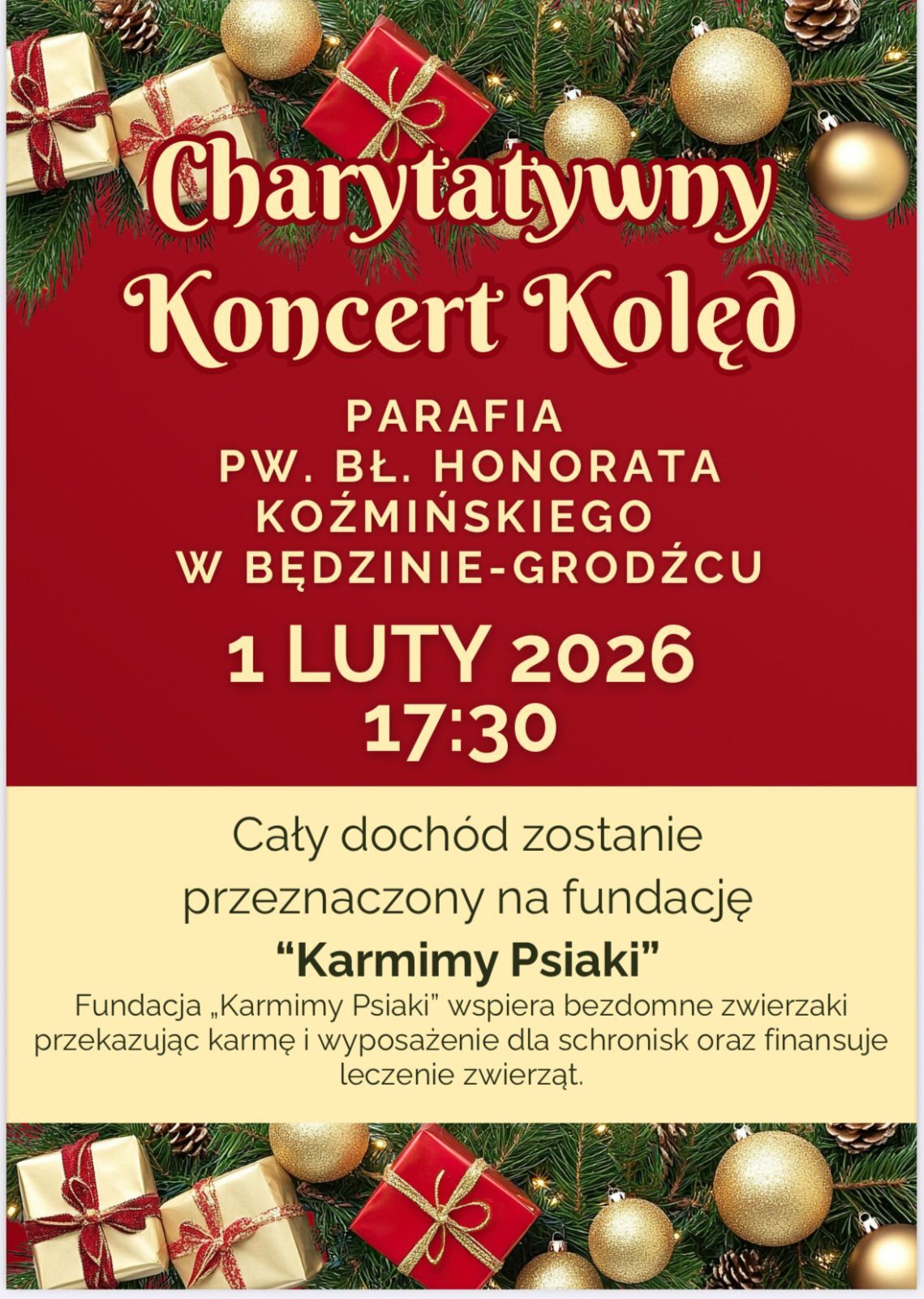 Będzin-Grodziec. Charytatywny koncert kolęd na fundacje «Karmimy Psiaki». Plakat. 1 lutego 2026.