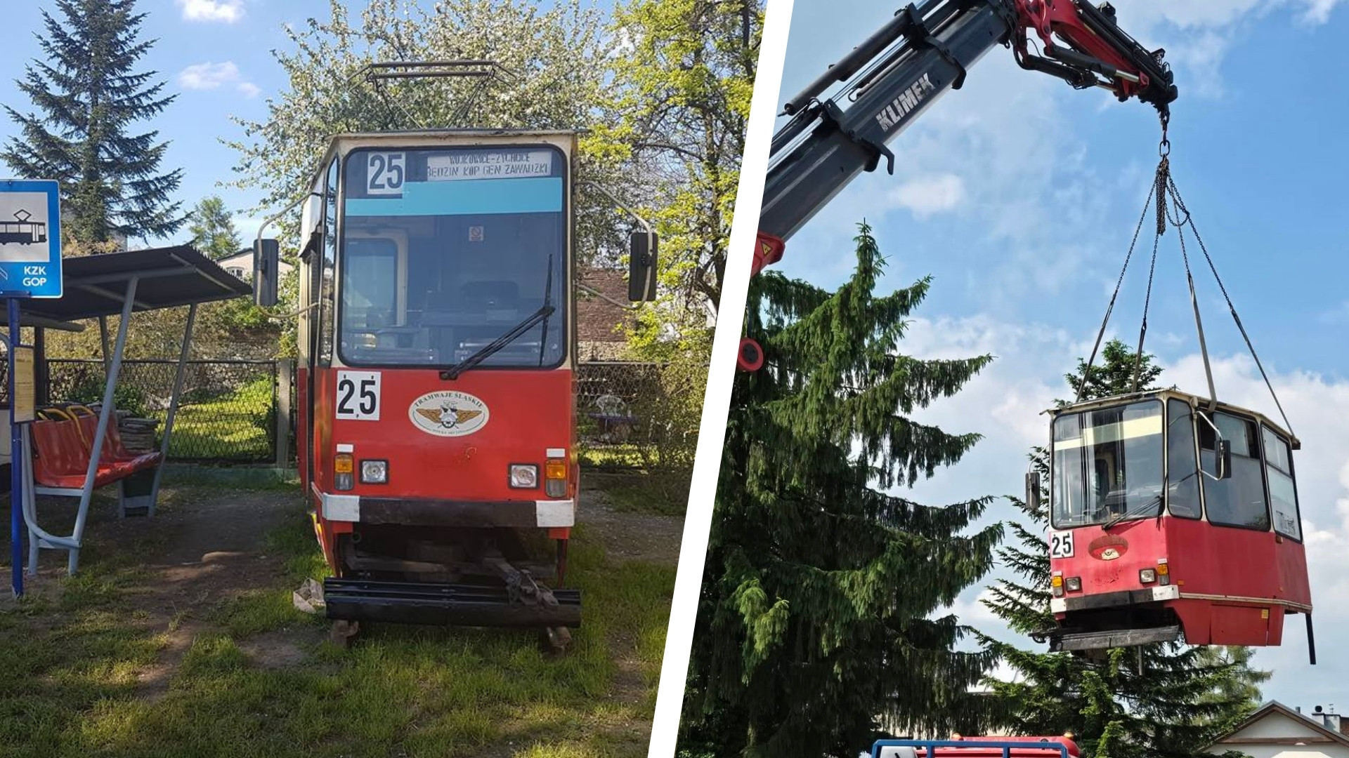 Będzin-Grodziec. Pomnik linii tramwajowej nr 25 na terenie Ochotniczej Straży Pożarnej. Przed i w trakcie demontażu. Maj 2017 / 2 czerwca 2026