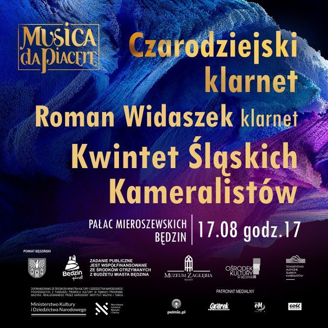 Koncert „Czarodziejski klarnet” w Pałacu Mieroszewskich w Będzinie. Plakat. 17 sierpnia 2025.