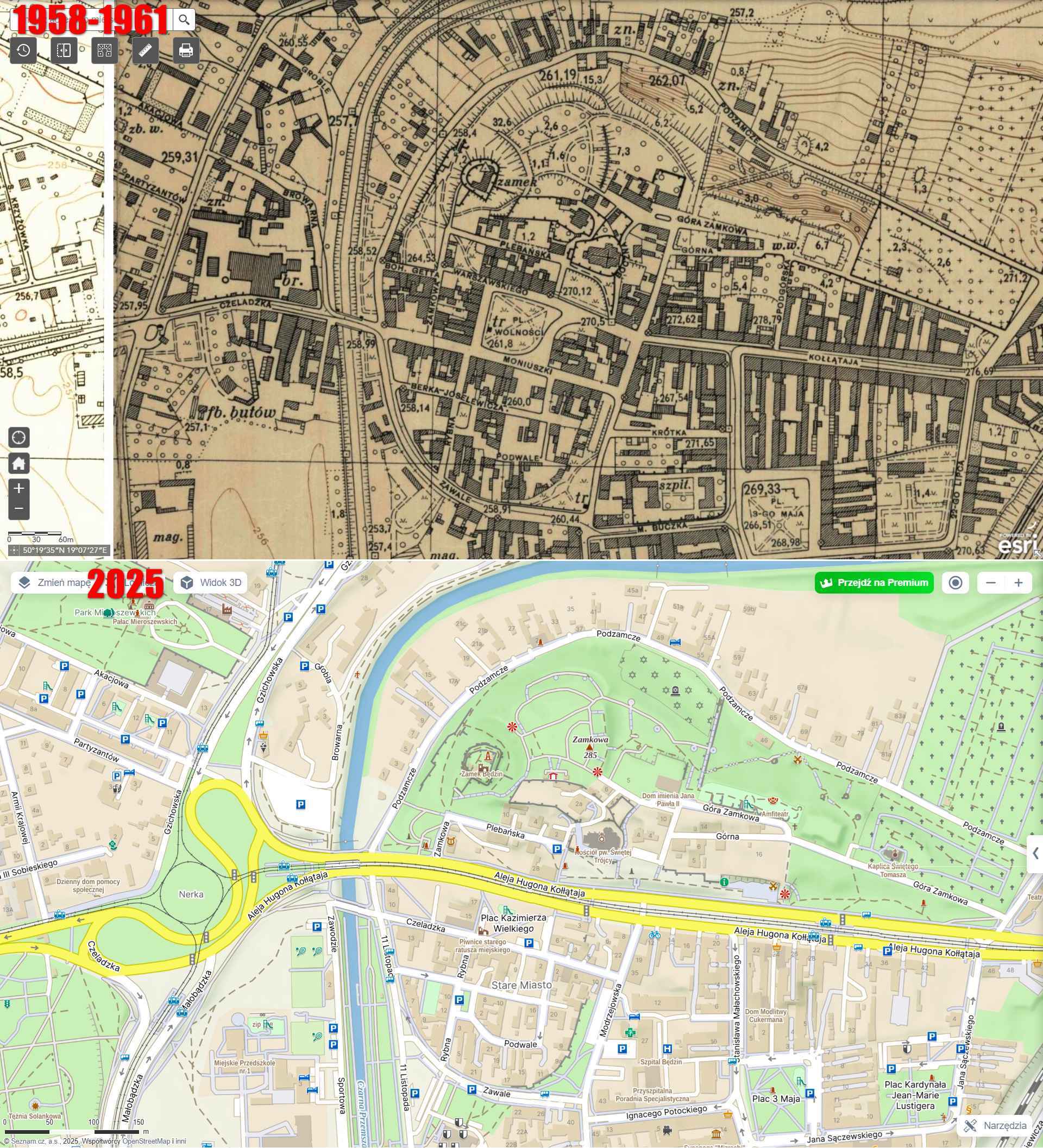 Będzin. Śródmieście. Mapa topograficzna z lat 1958-1961 oraz mapa z 18 grudnia 2025.