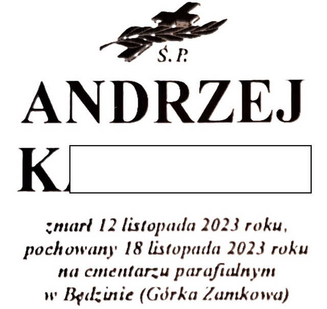 Nekrolog zmarłego w wyniku wypadku ze skutkiem śmiertelnym w Będzinie Andrzeja K.. 12 listopada 2023.