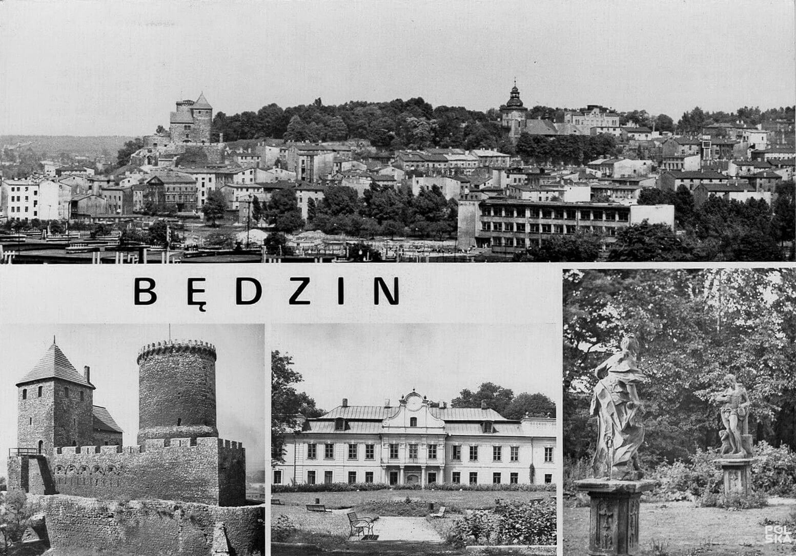 Będzin. Panorama miasta, zamek, pałac Mieroszewskich i park Mieroszewskich. Pocztówka. Lata 1967–1971