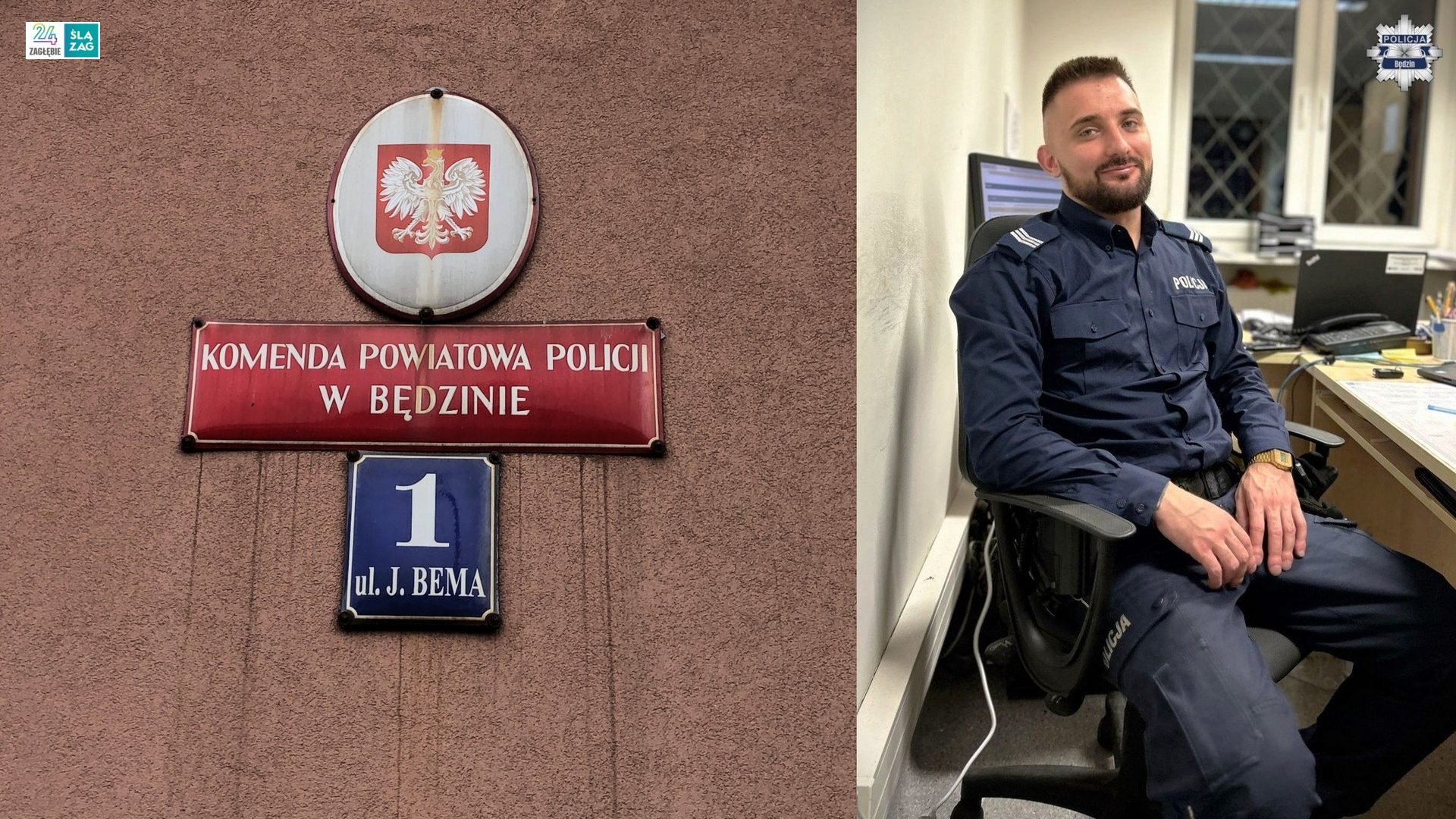 Będzin. Ul. Józefa Bema 1. Komenda Powiatowa Policji w Będzinie. Sierżant sztabowy Bartłomiej Janus.
