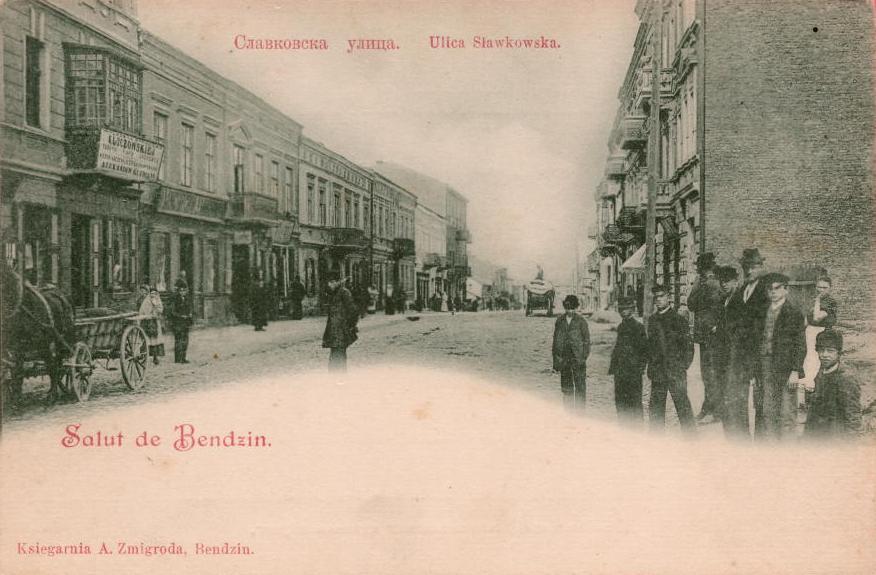 Będzin. Ulica Sławkowska (obecnie aleja Hugona Kołłątaja). Widok w kierunku Rynku. Lata 1900-1910.
