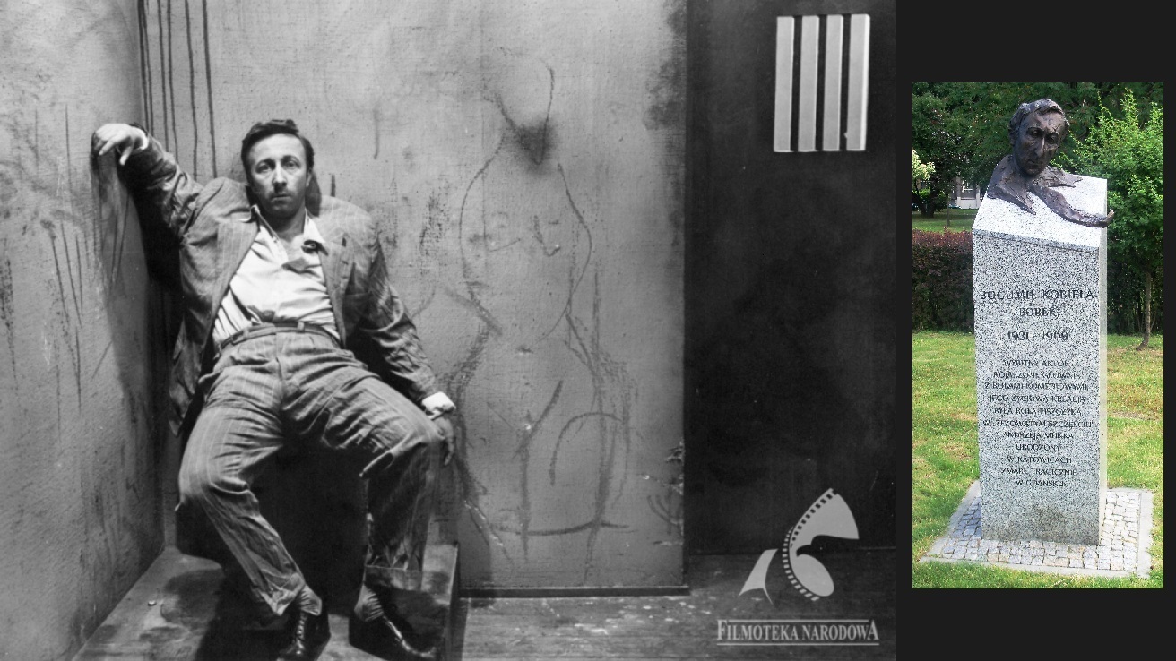 Bogumił Kobiela w filmie „Zezowate Szczęście”. 1960. Katowice, Galeria Artystyczna przy placu Grunwaldzkim. Pomnik Bogumiła Kobieli. 23 czerwca 2011.