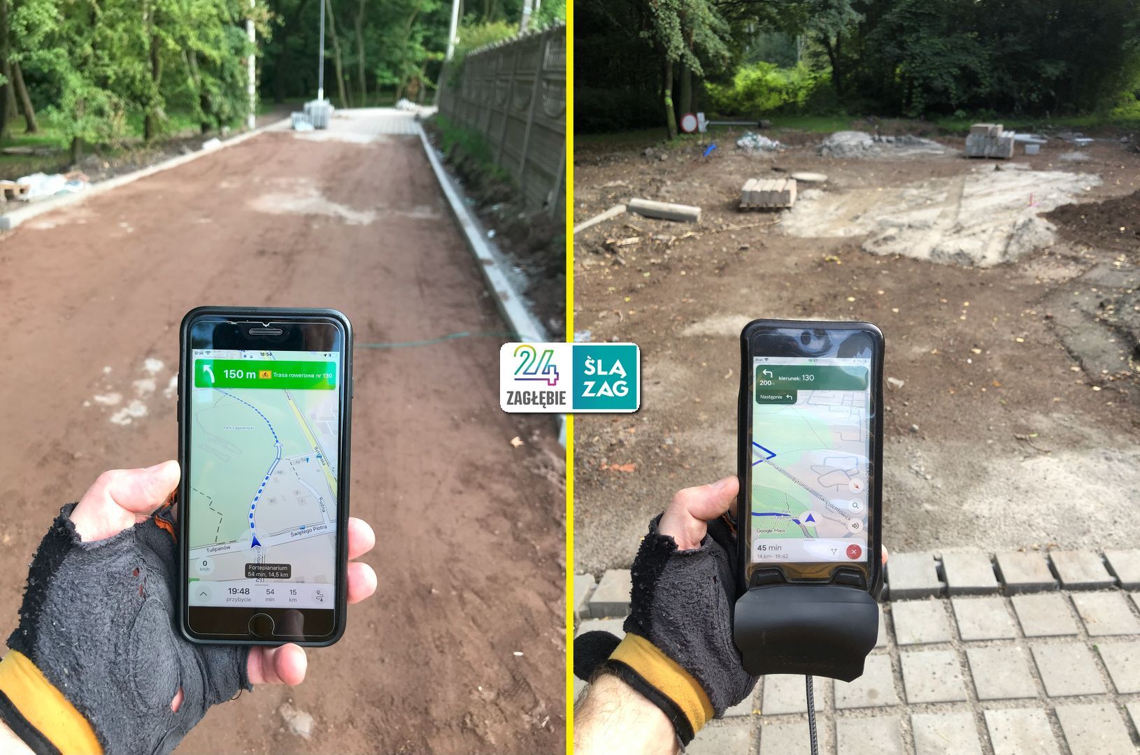 Bytom-Łagiewniki. Rozkopana ulica Św. Św. Cyryla i Metodego w kierunku parku. Test nawigacji rowerowych: Google Maps, Apple Maps, Mapy.cz – tym razem test zgodnie niezaliczony. Zdjęcia z trasy. 9 sierpnia 2025.