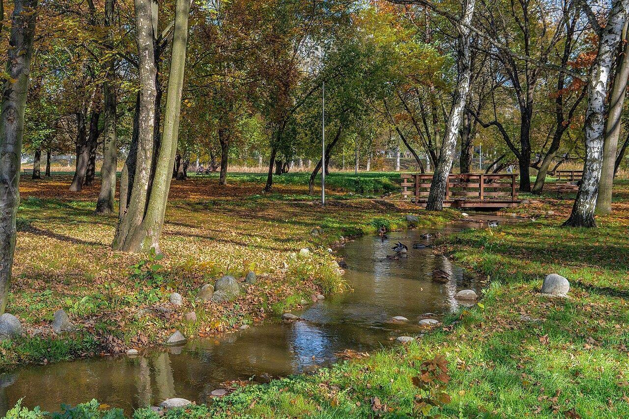 Czeladź. Park Grabek. Sztuczny strumień i mostek. 18 października 2022.