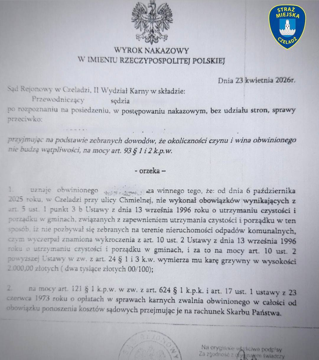 Czeladź. Ul. Chmielna. Niesprzątana nieruchomość prywatna. Wyrok. 23 kwietnia 2026