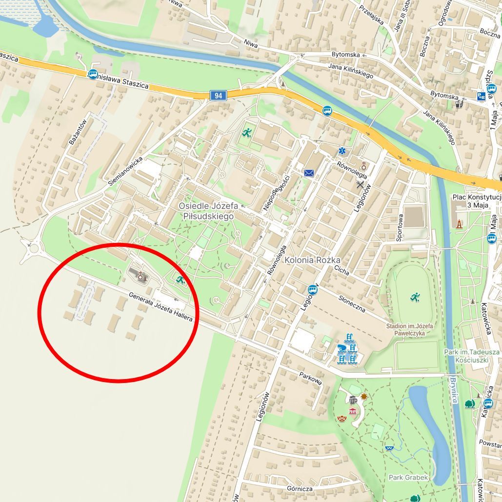 Czeladź. Mapa z zaznaczonym miejscem, gdzie powstaje osiedle TBS przy ulicy gen. Józefa Hallera w Czeladzi.