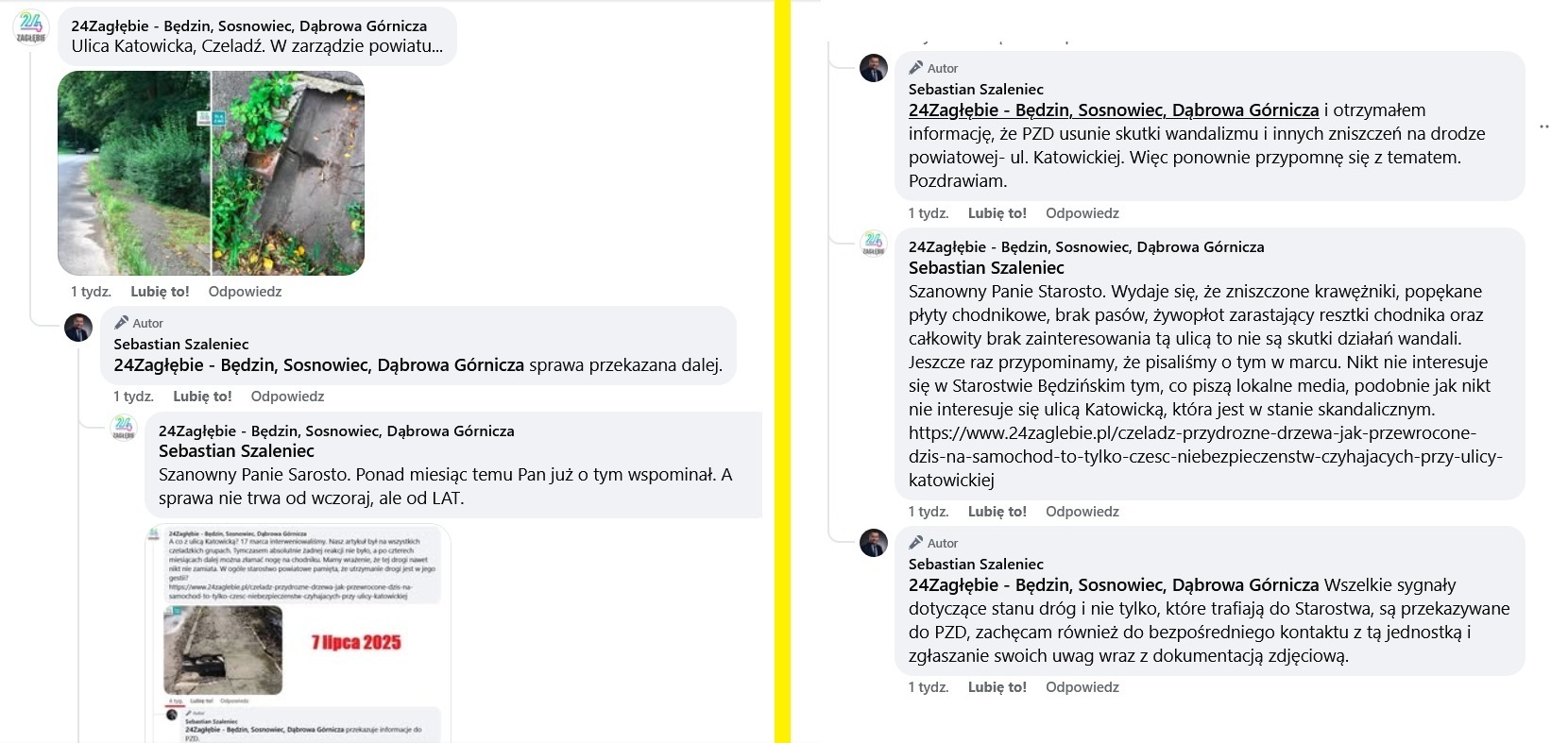 Interwencja red. 24Zagłębie u Starosty Powiatowego w Będzinie Sebastiana Szaleńca w sprawie stanu ulicy Katowickiej w Czeladzi. 9 lipca 2025.