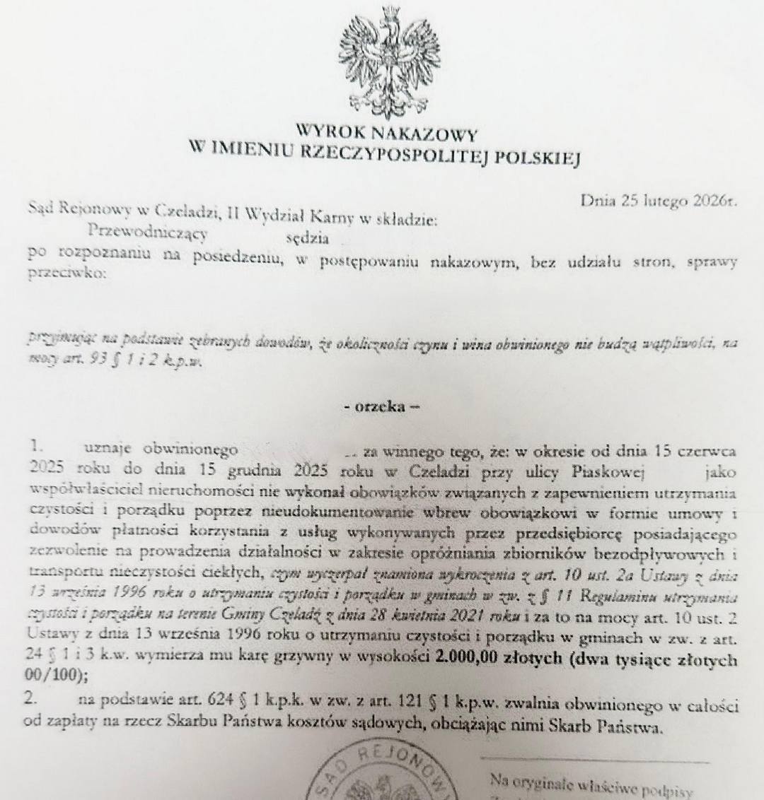 Czeladź. Ul. Piaskowa. Niesprzątana nieruchomość prywatna. Wyrok. 25 lutego 2026