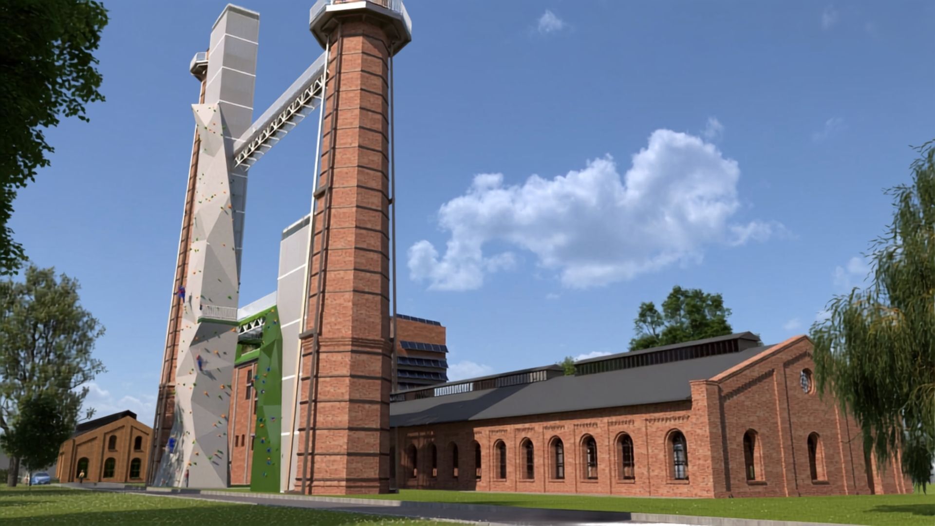 Czeladź-Zarzecze. Centrum wspinaczkowe przy i w dawnej kotłowni kopalni »Saturn« – wizualizacja. Sierpień 2024
