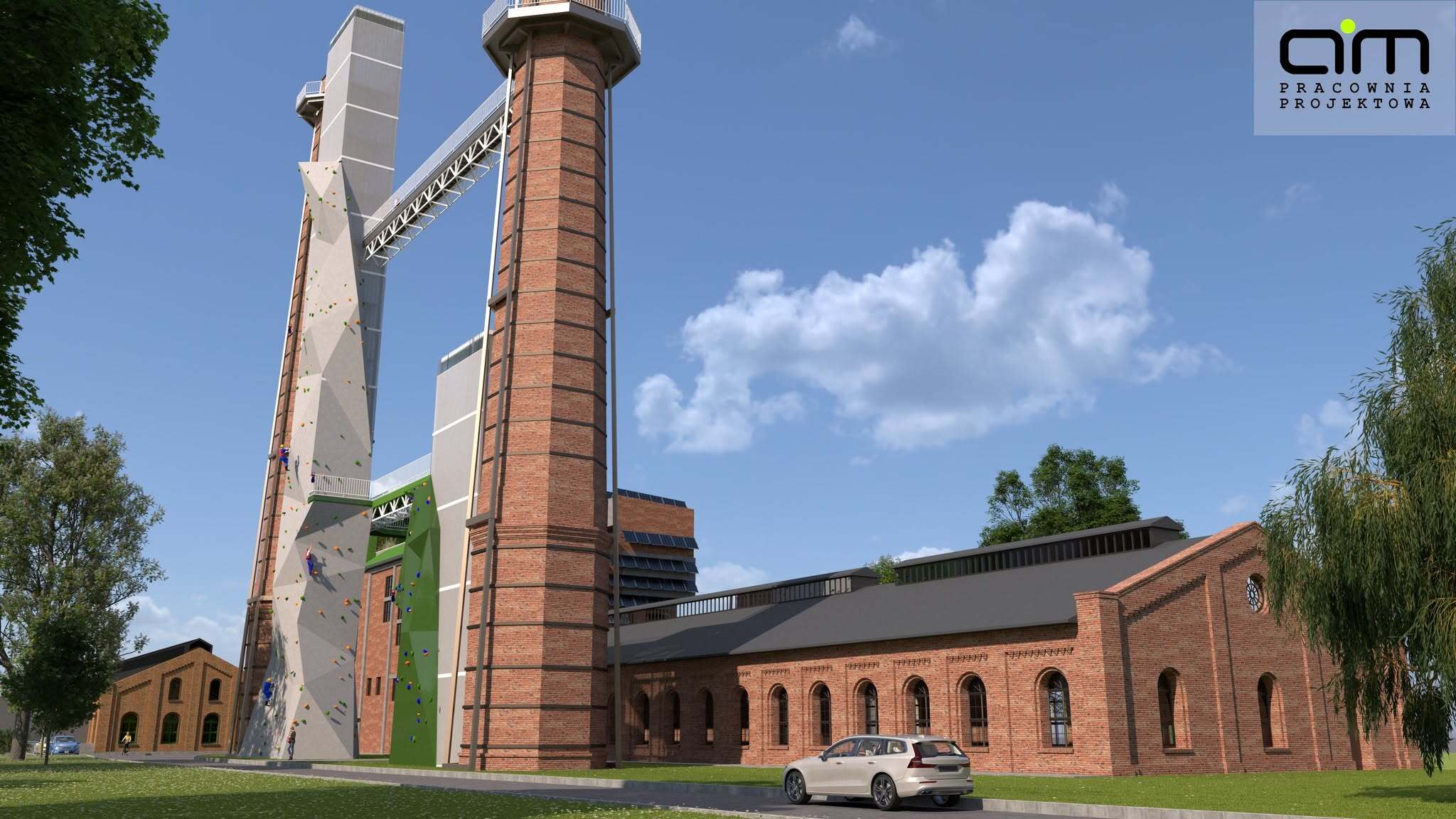 Czeladź-Zarzecze. Centrum wspinaczkowe przy i w dawnej kotłowni kopalni »Saturn« – wizualizacja. Sierpień 2024