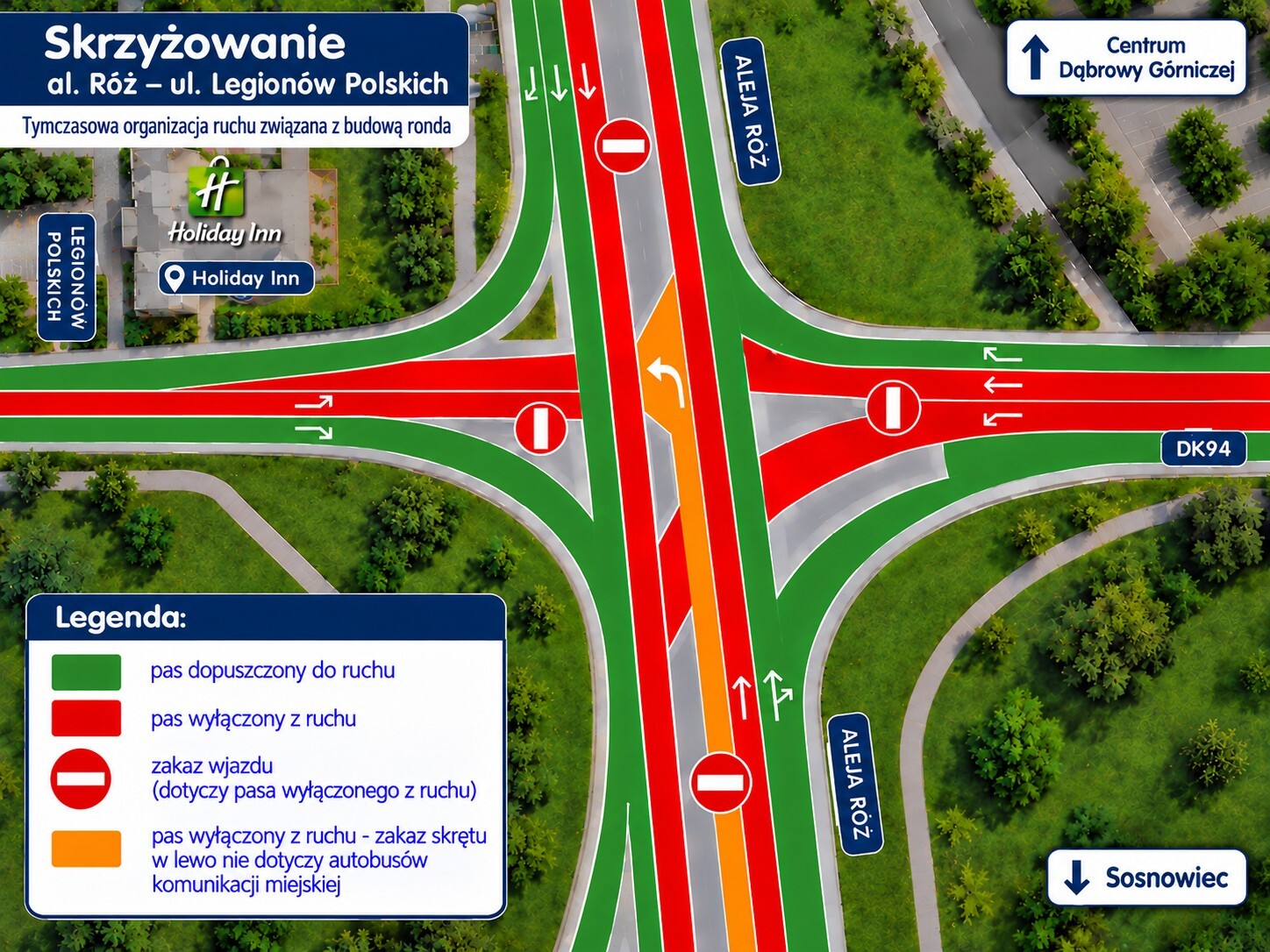 Dąbrowa Górnicza. Skrzyżowanie alei Róż, ulicy Legionów Polskich i węzła DK94. Tymczasowa organizacja ruchu od 19 października 2026. Infografika