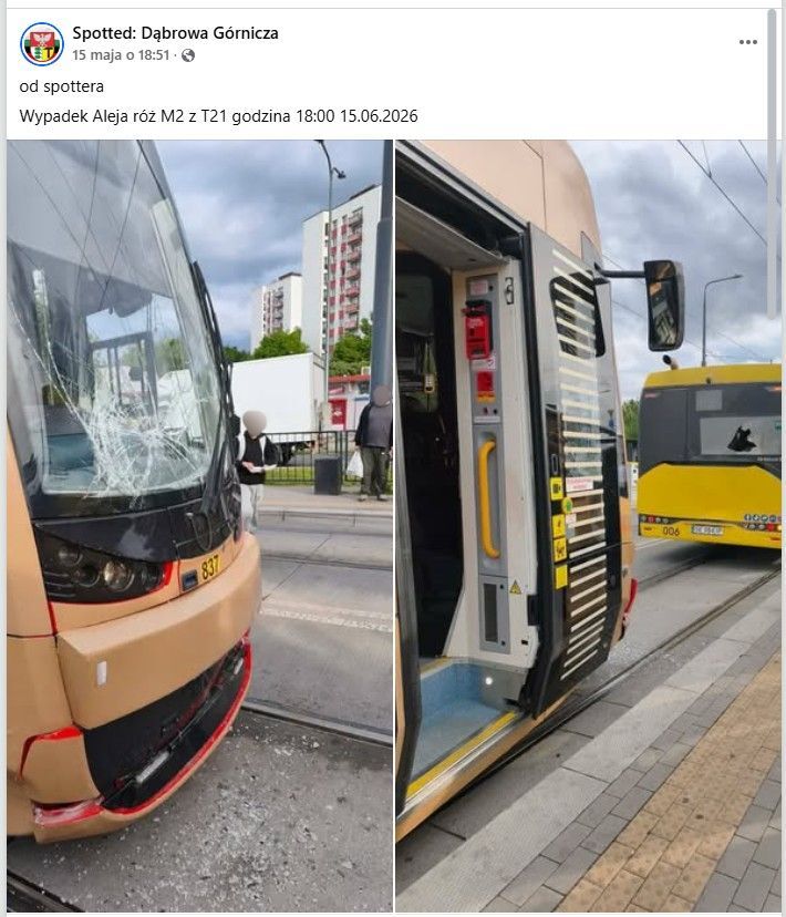 Dąbrowa Górnicza. Aleja Róż. Kolizja tramwaju i autobusu na przystanku łączonym. 15 maja 2026