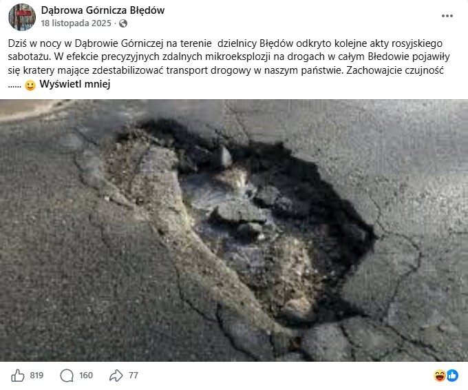 Dąbrowa Górnicza-Błędów. Dziurawa jezdnia. Żart. 18 listopada 2025