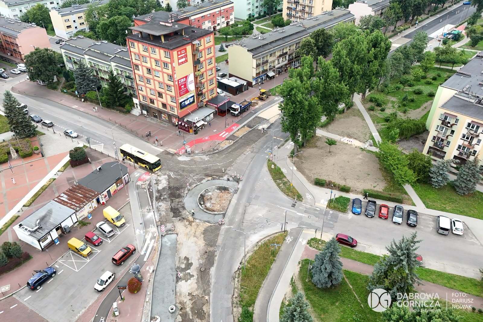 Dąbrowa Górnicza-Gołonóg. Budowa ronda u zbiegu ulic: Józefa Wybickiego, Bolesława Prusa, Wiśniowej i Walentyny Tierieszkowej. Lipiec 2026