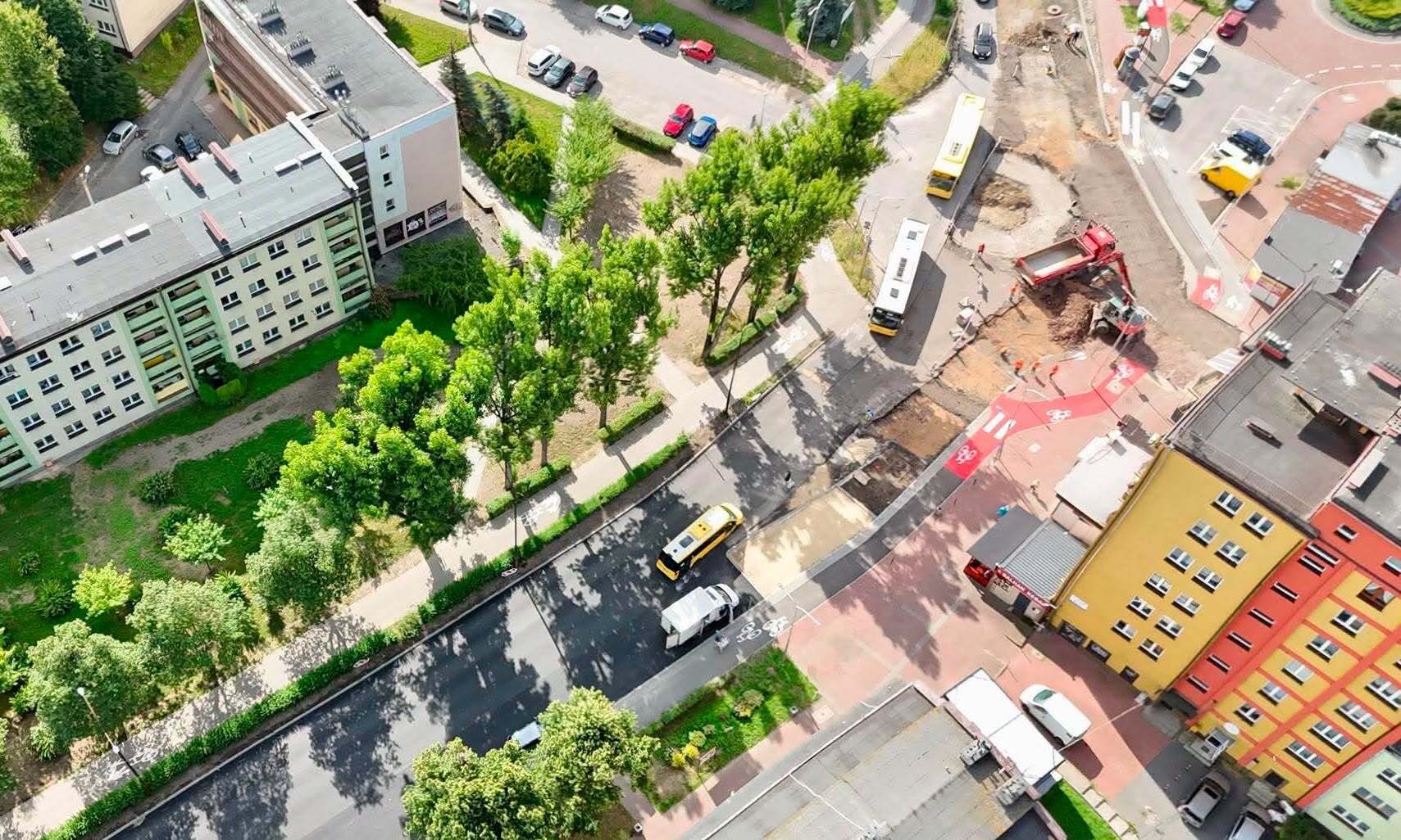 Dąbrowa Górnicza-Gołonóg. Budowa ronda u zbiegu ulic: Józefa Wybickiego, Bolesława Prusa, Wiśniowej i Walentyny Tierieszkowej. Lipiec 2026