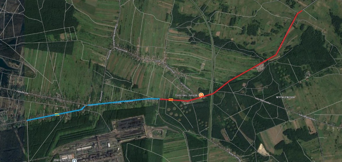 Dąbrowa Górnicza-Kazdębie. Droga wojewódzka 790 – mapa z zaznaczonym odcinkiem do remontu w 2025 roku. Kolorem czerwonym zaznaczono odcinek już remontowany, kolorem niebieskim zaznaczony jest odcinek, który do remontu trafi w tym roku.