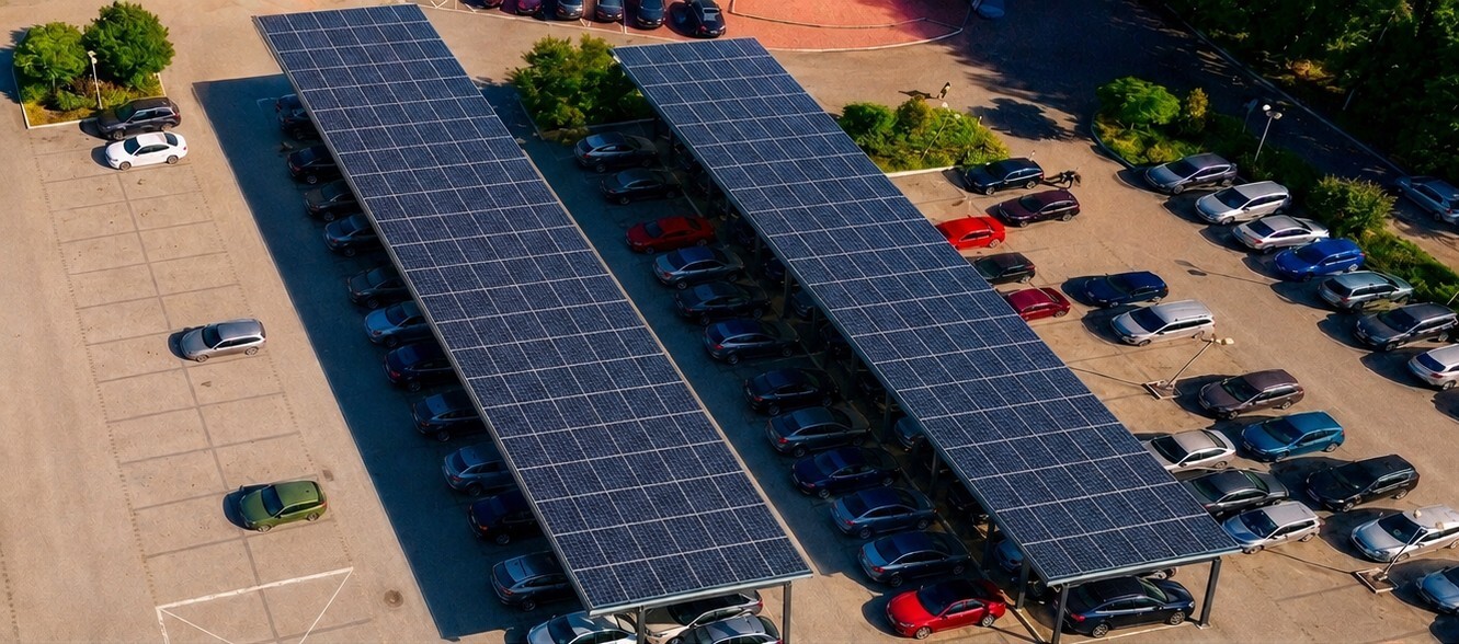 Dabrowa Górnicza. Wiaty z panelami fotowoltaicznymi na parkingu parku wodnego »Nemo«. Wizualizacja. Maj 2026