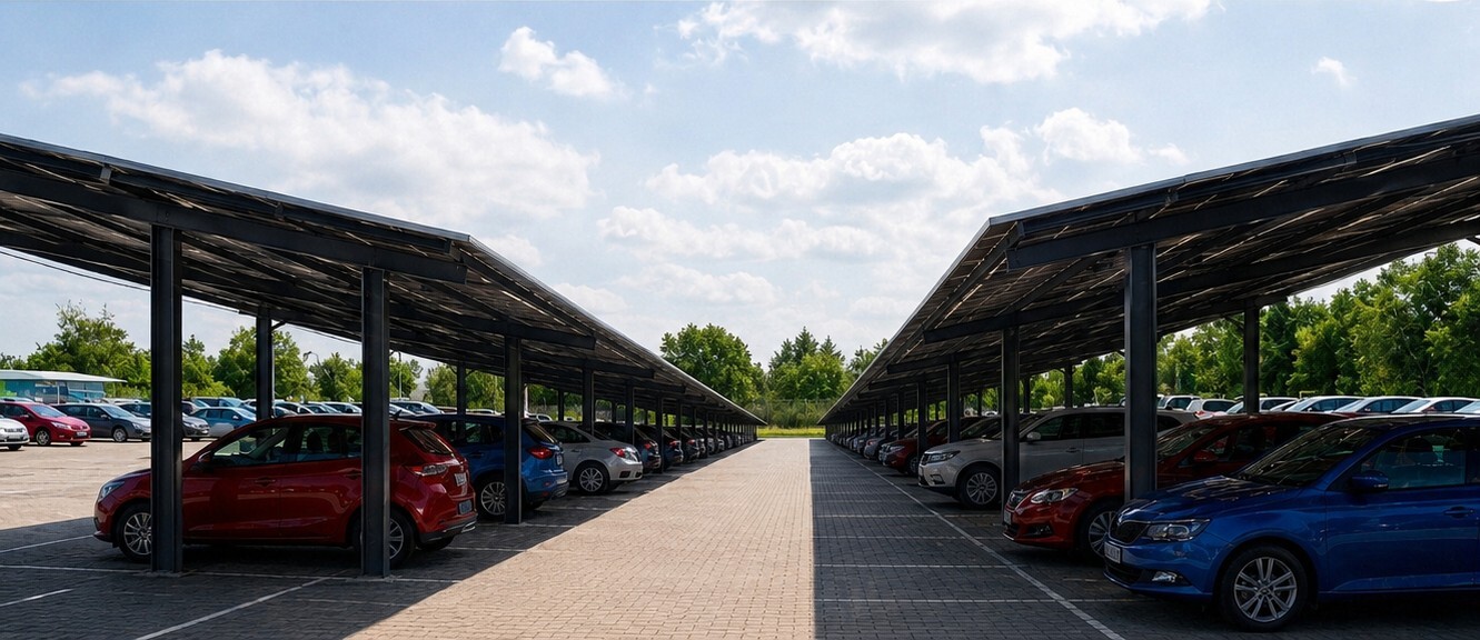 Dabrowa Górnicza. Wiaty z panelami fotowoltaicznymi na parkingu parku wodnego »Nemo«. Wizualizacja. Maj 2026