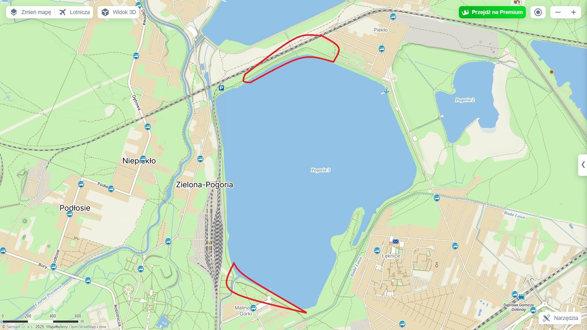Dąbrowa Górnicza. Pogoria III. Mapa z zaznaczonymi rejonami planowanych remontów ścieżki rowerowo-pieszej.
