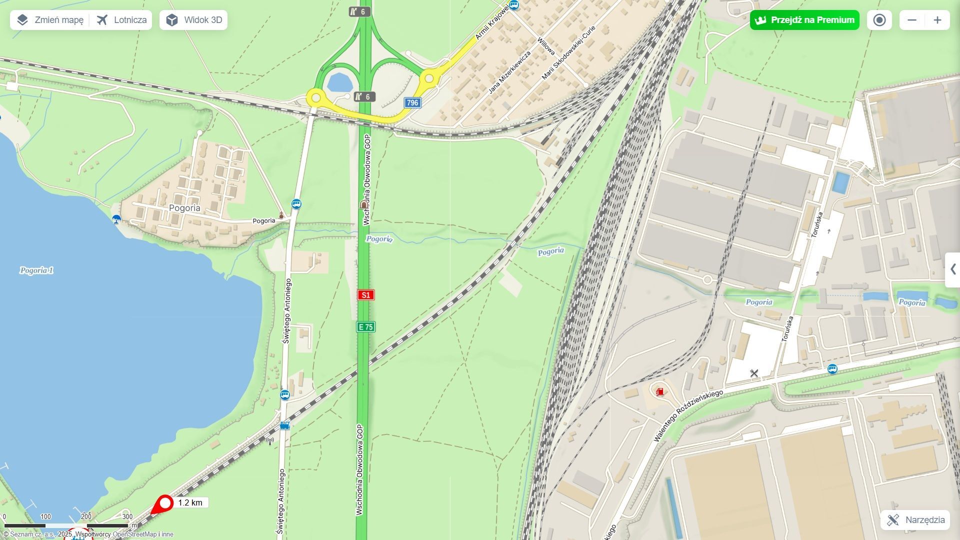 Dąbrowa Górnicza. Potok Pogoria i zbiornik wodny Pogoria I. Mapa.