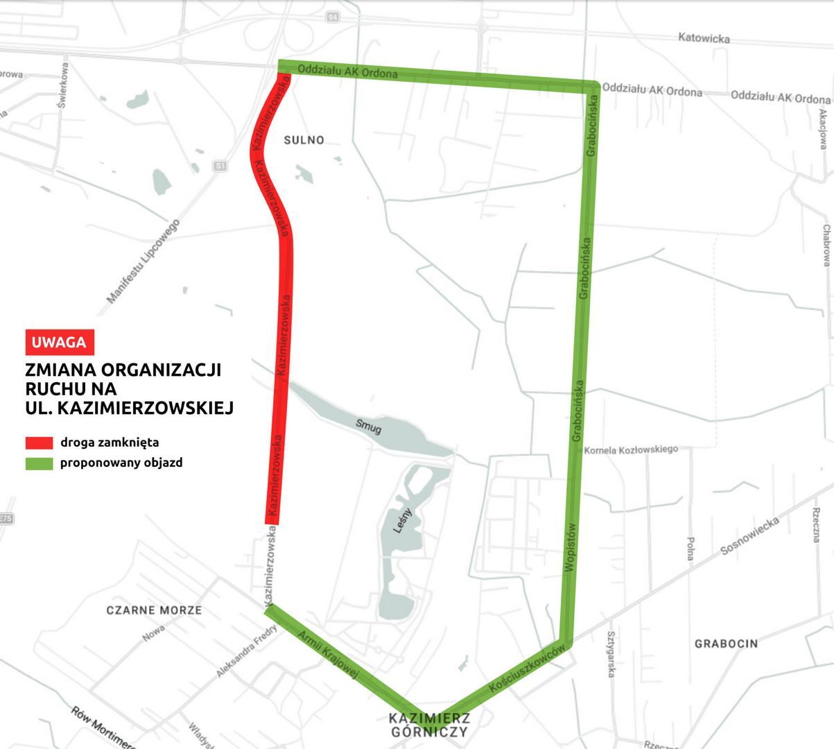 Dabrowa Gornicza Strzemieszyce Ul Kazimierzowska Przebudowa Objazd Mapa Zrodlo Urzad Miasta Dabrowa Gornicza 2026 09 01