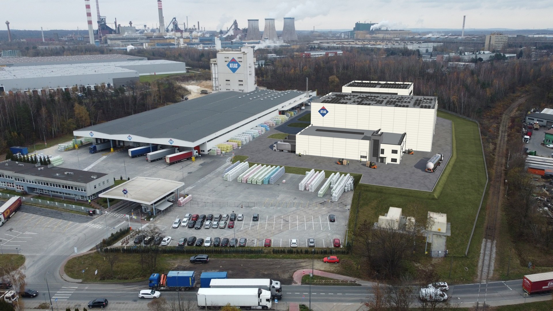 Dąbrowa Górnicza.  Zakład produkcyjny »Atlas« przy ulicy Walentego Rozdzienskiego 2. Wizualizacja rozbudowy. Październiki 2026