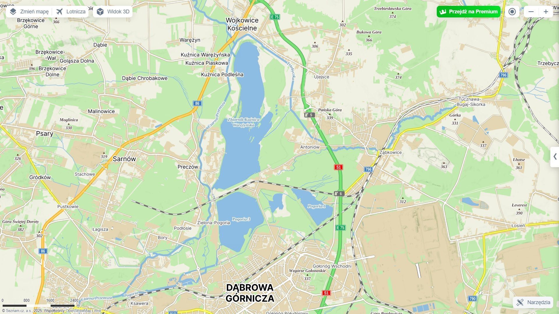 Dąbrowa Górnicza i Gmina Siewierz. Zbiorniki wodne Pogoria. Mapa.